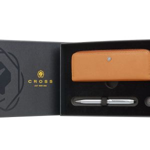 Century II Lustrous Chrome Ballpoint Pen with Mocha Zippered Leather Double Pen Case Gift Set