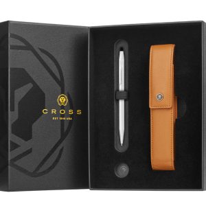 Classic Century Lustrous Chrome Ballpoint Pen with Mocha Magnetic Leather Single Pen Case Gift Set