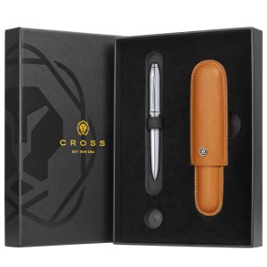 Townsend Lustrous Chrome Ballpoint Pen with Mocha Cigar Style Leather Single Pen Case Gift Set