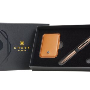 Tech2 Satin Metallic Macchiato Pen with Mocha Leather Magnetic Card Holder Gift Set
