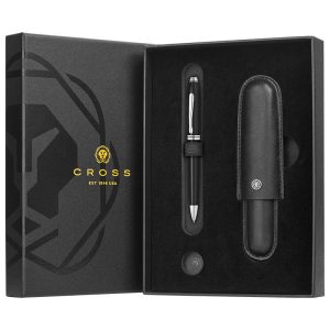Townsend Black Lacquer Ballpoint Pen with Classic Black Cigar Style Leather Single Pen Case Gift Set