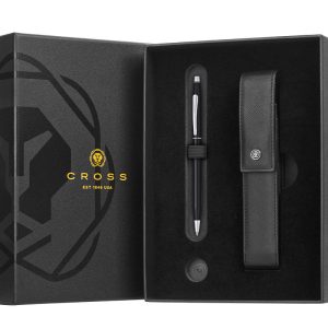 Classic Century Black Lacquer Ballpoint Pen with Classic Black Magnetic Leather Single Pen Case Gift Set