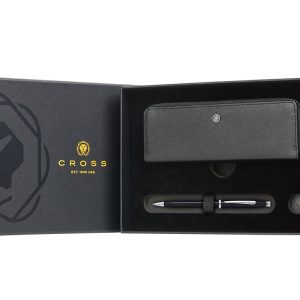 Century II Black Lacquer with Chrome Ballpoint Pen with Classic Black Zippered Leather Double Pen Case Gift Set