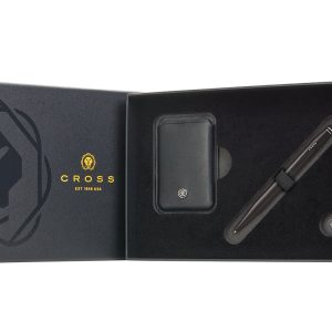 Tech2 Satin Black Pen with Classic Black Leather Magnetic Card Holder Gift Set